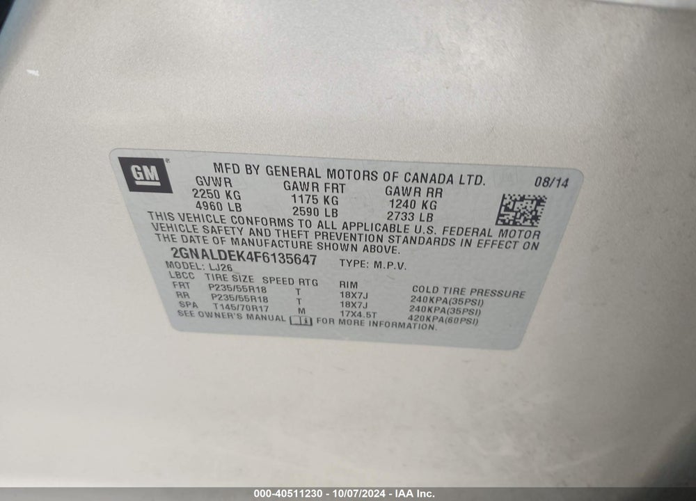 2015 CHEVROLET EQUINOX LTZ VIN: 2GNALDEK4F6135647