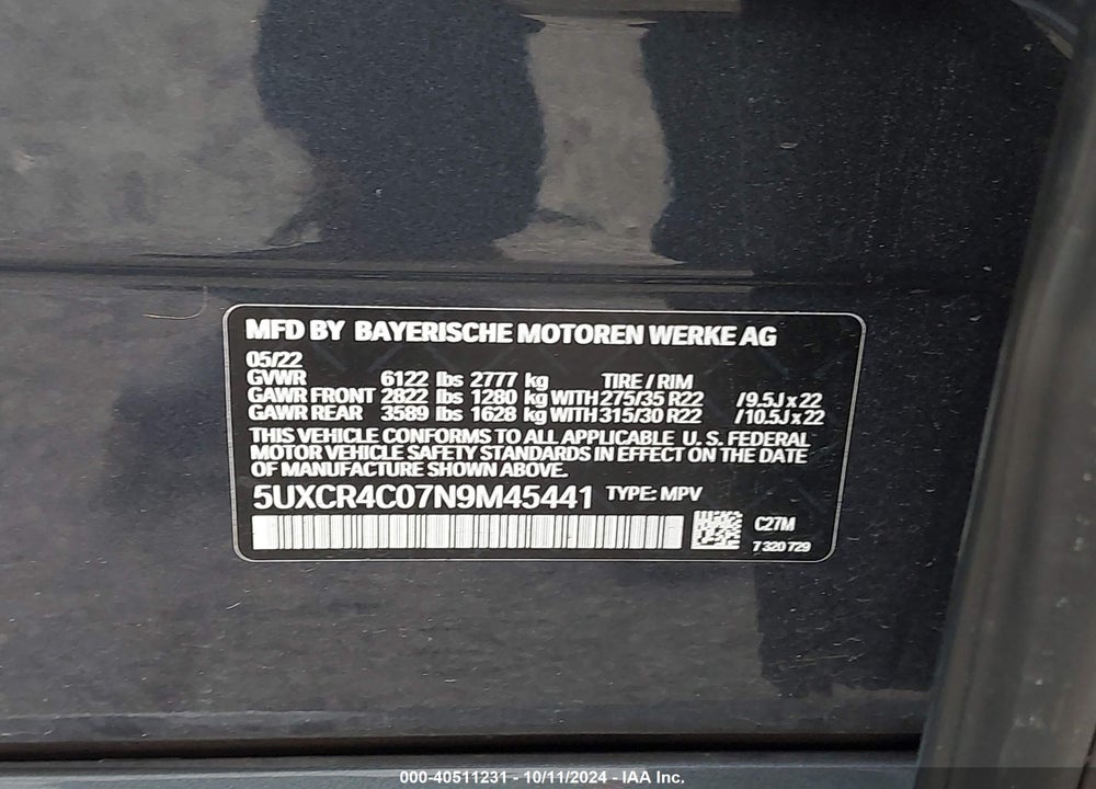 2022 BMW X5 SDRIVE40I VIN: 5UXCR4C07N9M45441