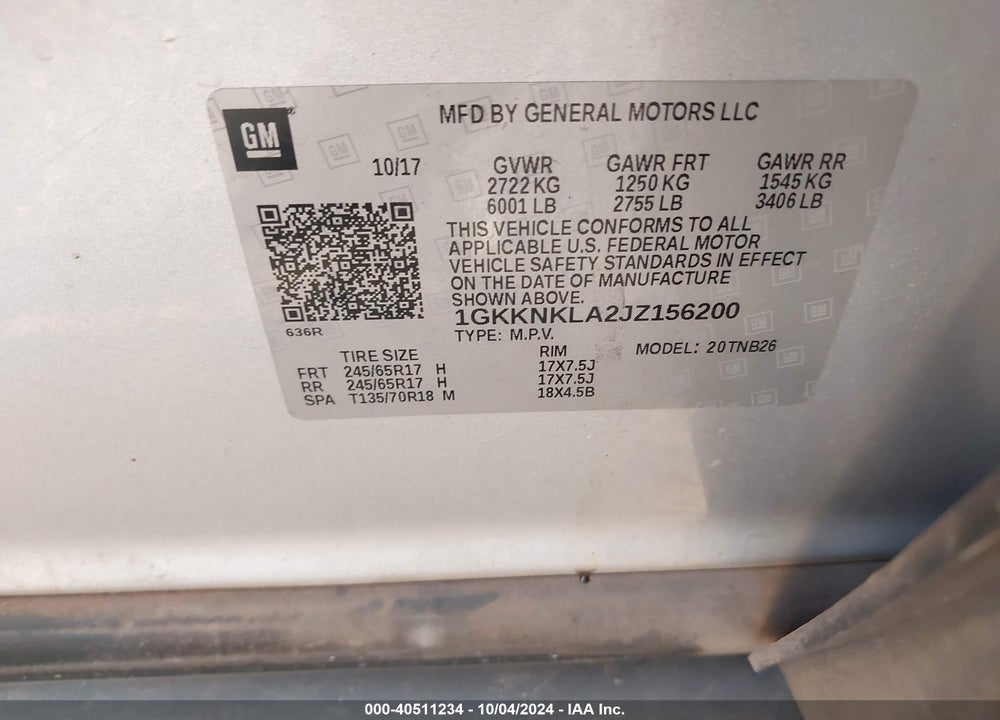 2018 GMC ACADIA SLE-1 VIN: 1GKKNKLA2JZ156200
