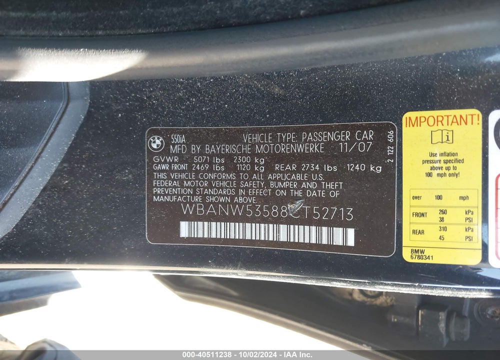 2008 BMW 550I VIN: WBANW53588CT52713