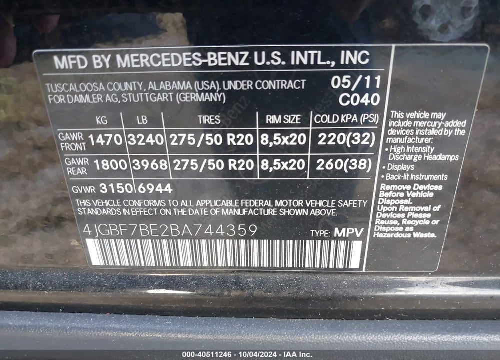 2011 MERCEDES-BENZ GL 450 4MATIC VIN: 4JGBF7BE2BA744359