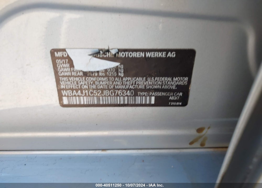 2018 BMW 430I GRAN COUPE VIN: WBA4J1C52JBG76340