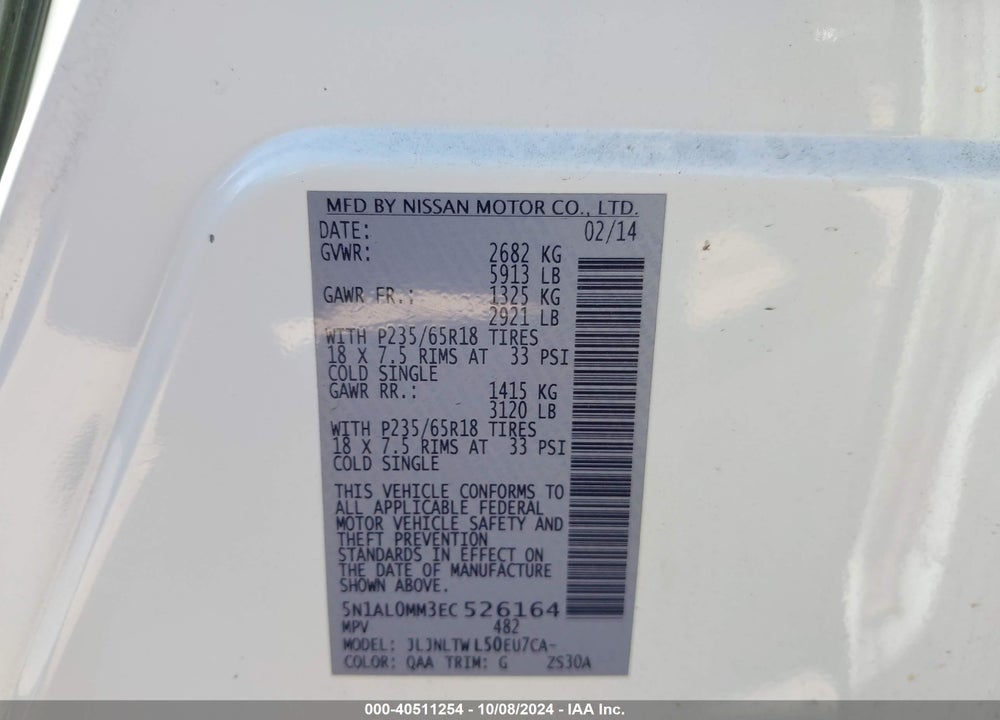 2014 INFINITI QX60 VIN: 5N1AL0MM3EC526164