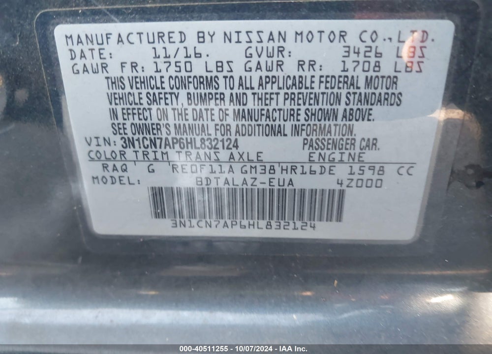 2017 NISSAN VERSA 1.6 S+ VIN: 3N1CN7AP6HL832124