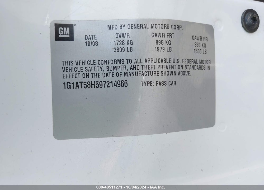 2009 CHEVROLET COBALT LT VIN: 1G1AT58H597214966
