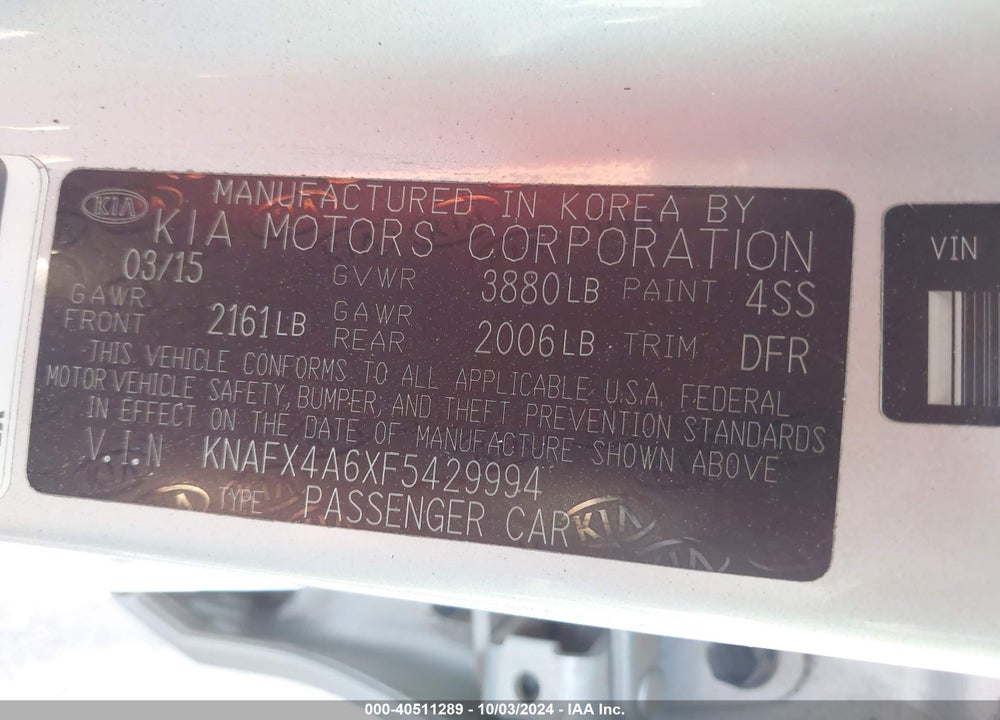 2015 KIA FORTE LX VIN: KNAFX4A6XF5429994