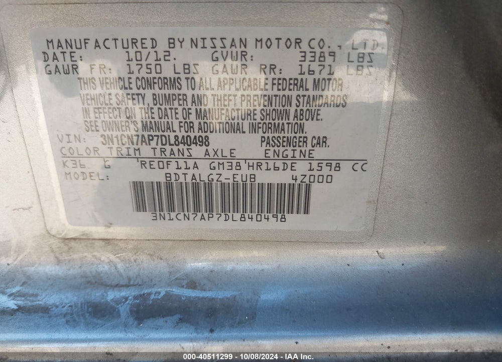2013 NISSAN VERSA 1.6 SL VIN: 3N1CN7AP7DL840498