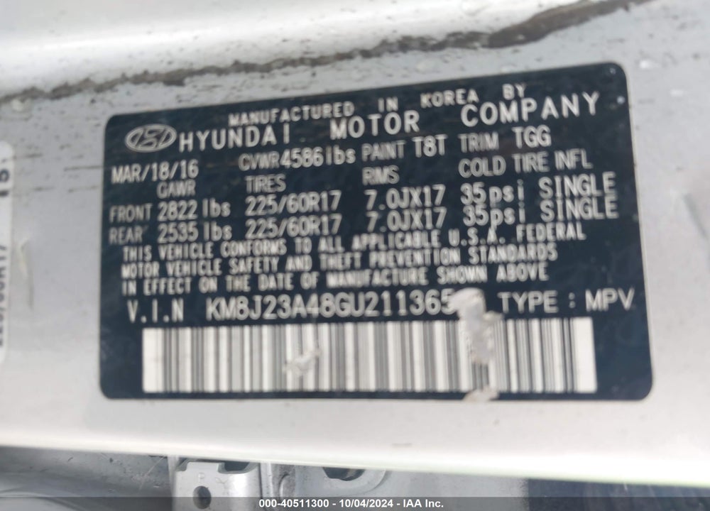 2016 HYUNDAI TUCSON SE VIN: KM8J23A48GU211365