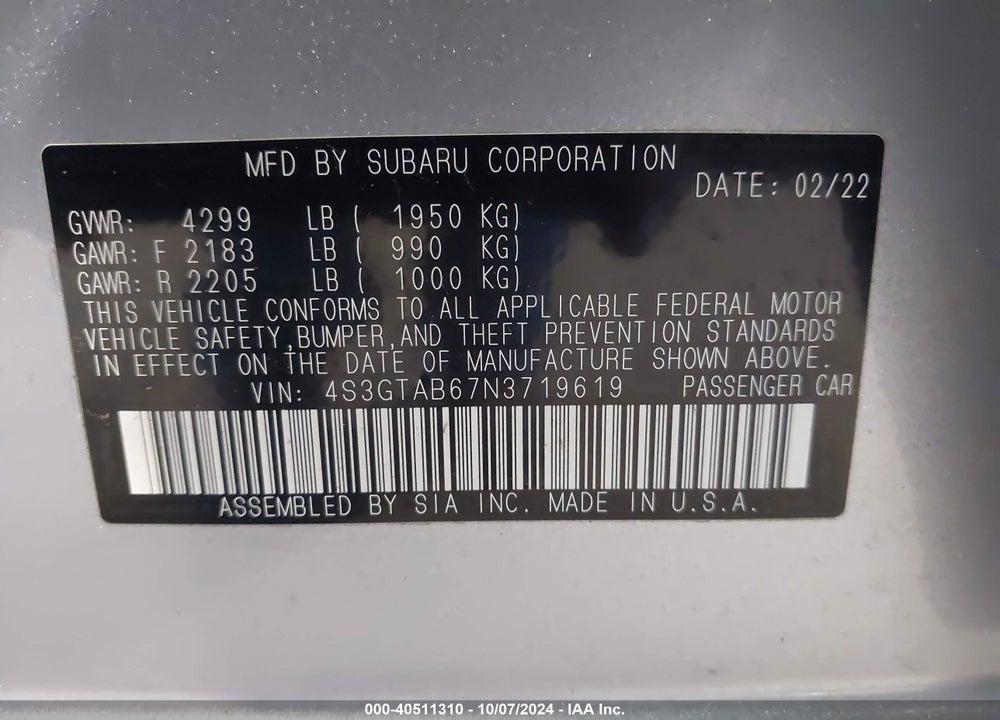 2022 SUBARU IMPREZA BASE 5-DOOR VIN: 4S3GTAB67N3719619