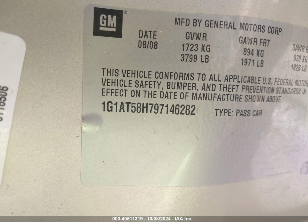 2009 CHEVROLET COBALT LT VIN: 1G1AT58H797146282