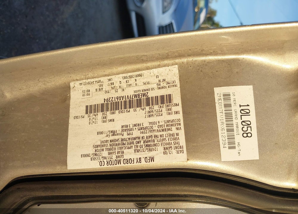 2010 MERCURY GRAND MARQUIS LS (FLEET ONLY) VIN: 2MEBM7FV1AX612394