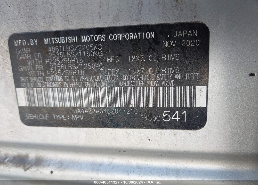 2020 MITSUBISHI OUTLANDER VIN: JA4AZ3A34LZ047210