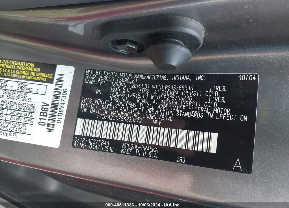 2005 TOYOTA SIENNA LE VIN: 5TDZA23C75S233772