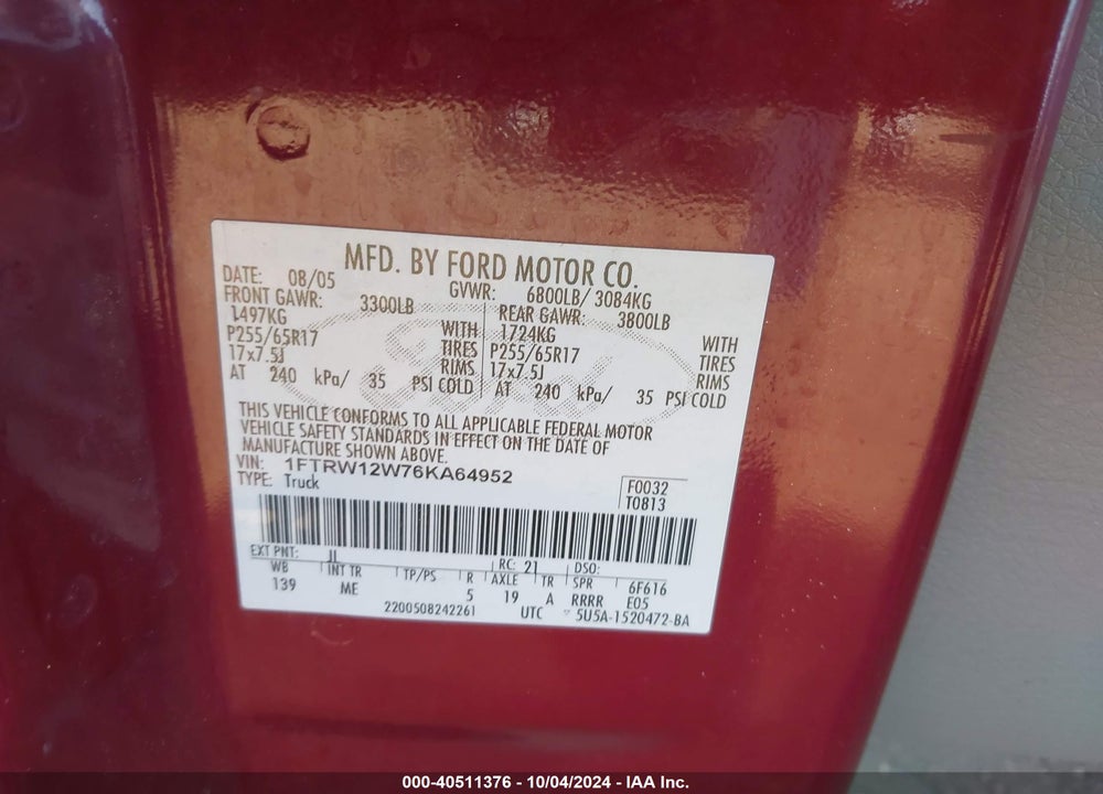 2006 FORD F-150 XLT VIN: 1FTRW12W76KA64952