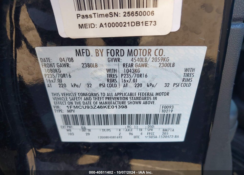 2008 FORD ESCAPE XLT VIN: 1FMCU93Z48KE01398