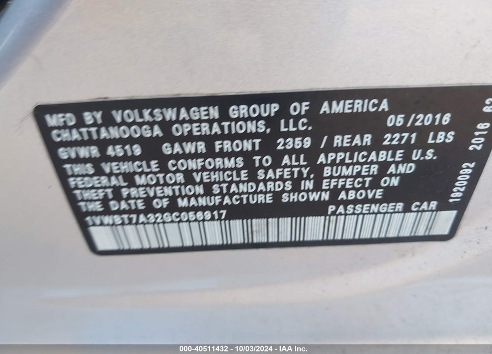 2016 VOLKSWAGEN PASSAT 1.8T SE VIN: 1VWBT7A32GC056917