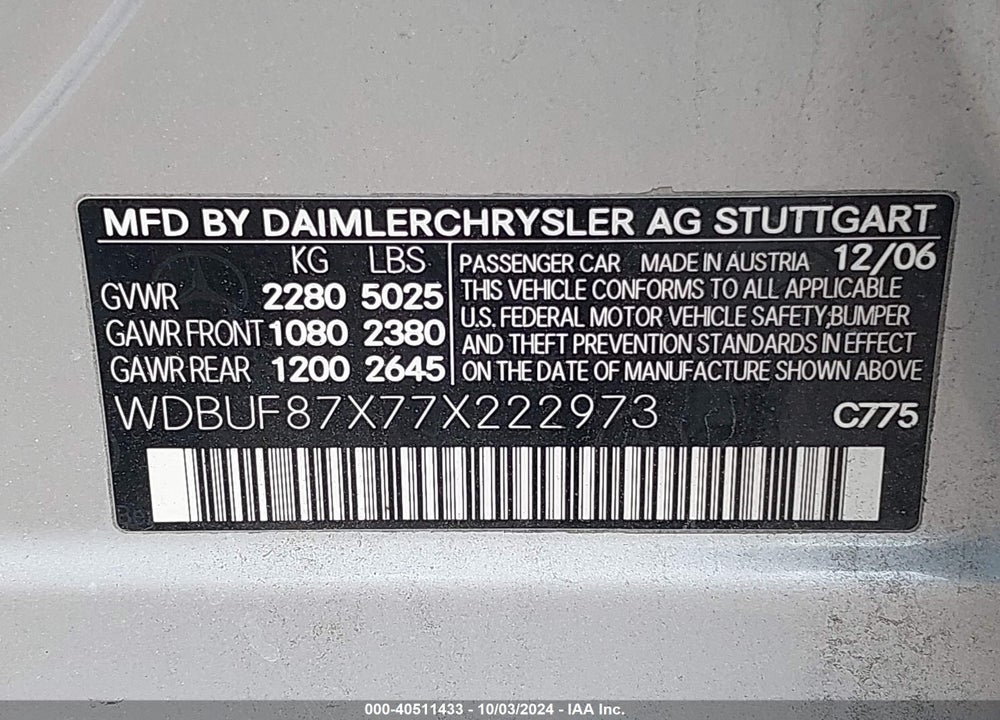 2007 MERCEDES-BENZ E 350 4MATIC VIN: WDBUF87X77X222973