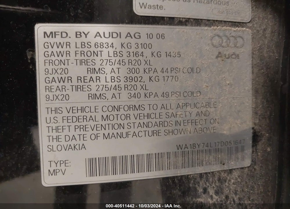 2007 AUDI Q7 3.6 PREMIUM VIN: WA1BY74L17D051647