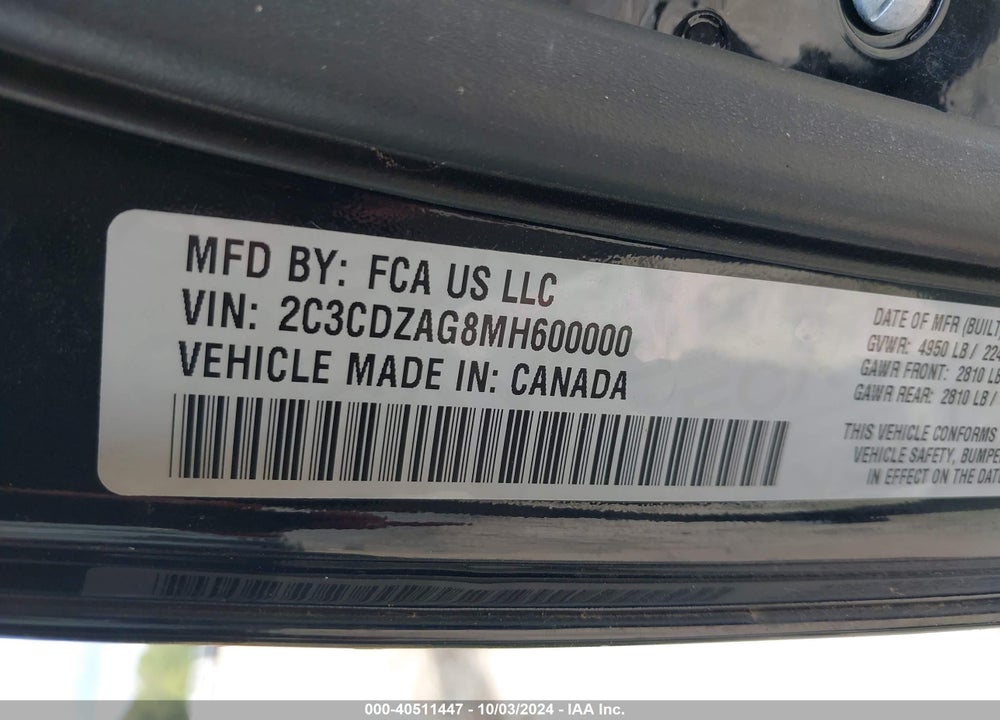 2021 DODGE CHALLENGER SXT VIN: 2C3CDZAG8MH600000