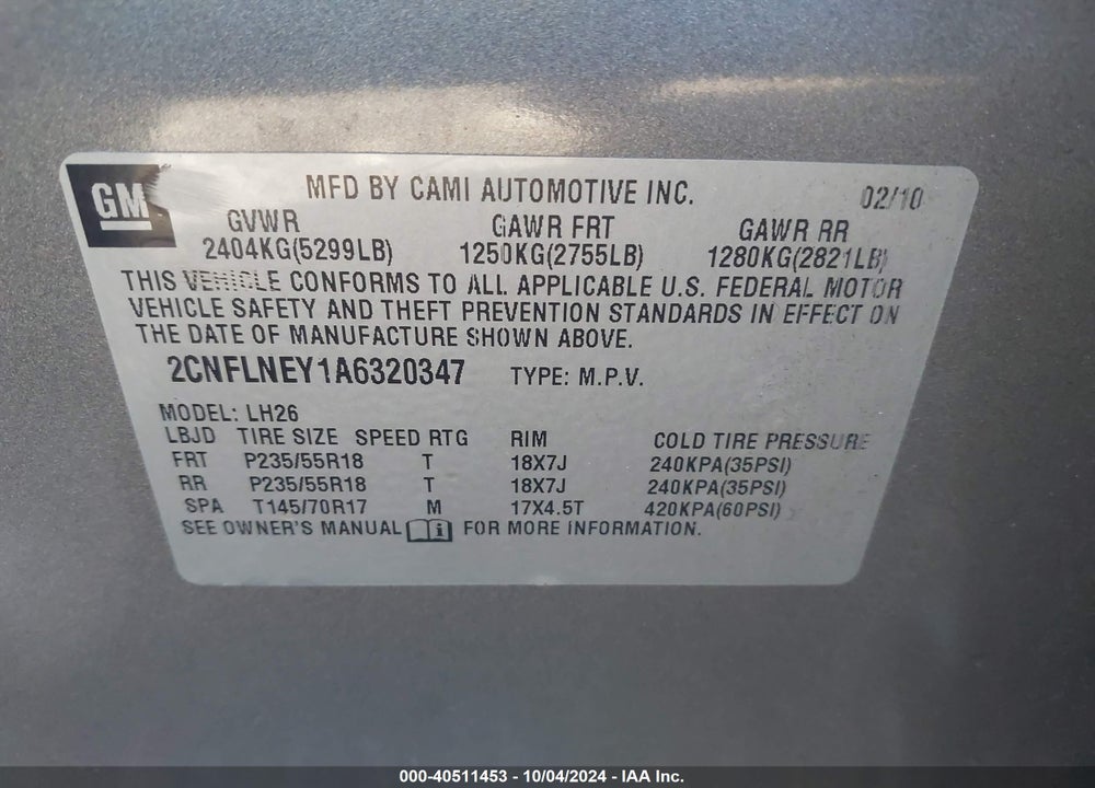 2010 CHEVROLET EQUINOX LT VIN: 2CNFLNEY1A6320347