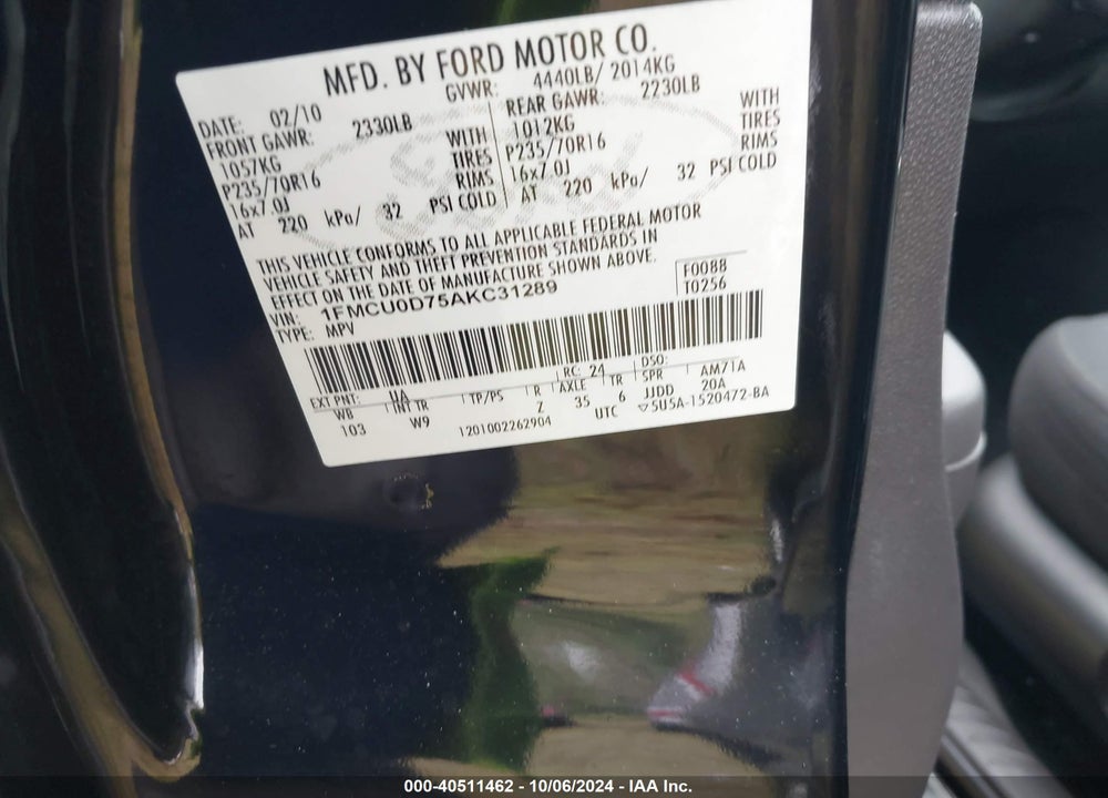 2010 FORD ESCAPE XLT VIN: 1FMCU0D75AKC31289