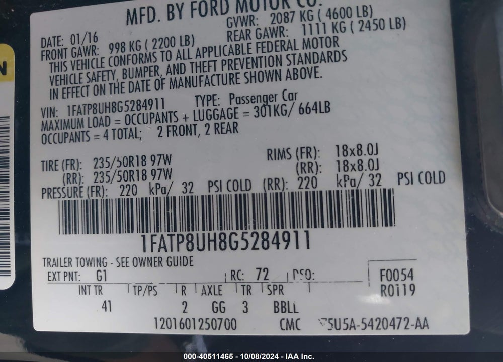 2016 FORD MUSTANG ECOBOOST PREMIUM VIN: 1FATP8UH8G5284911