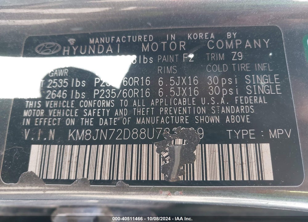 2008 HYUNDAI TUCSON LIMITED V6/SE VIN: KM8JN72D88U733069