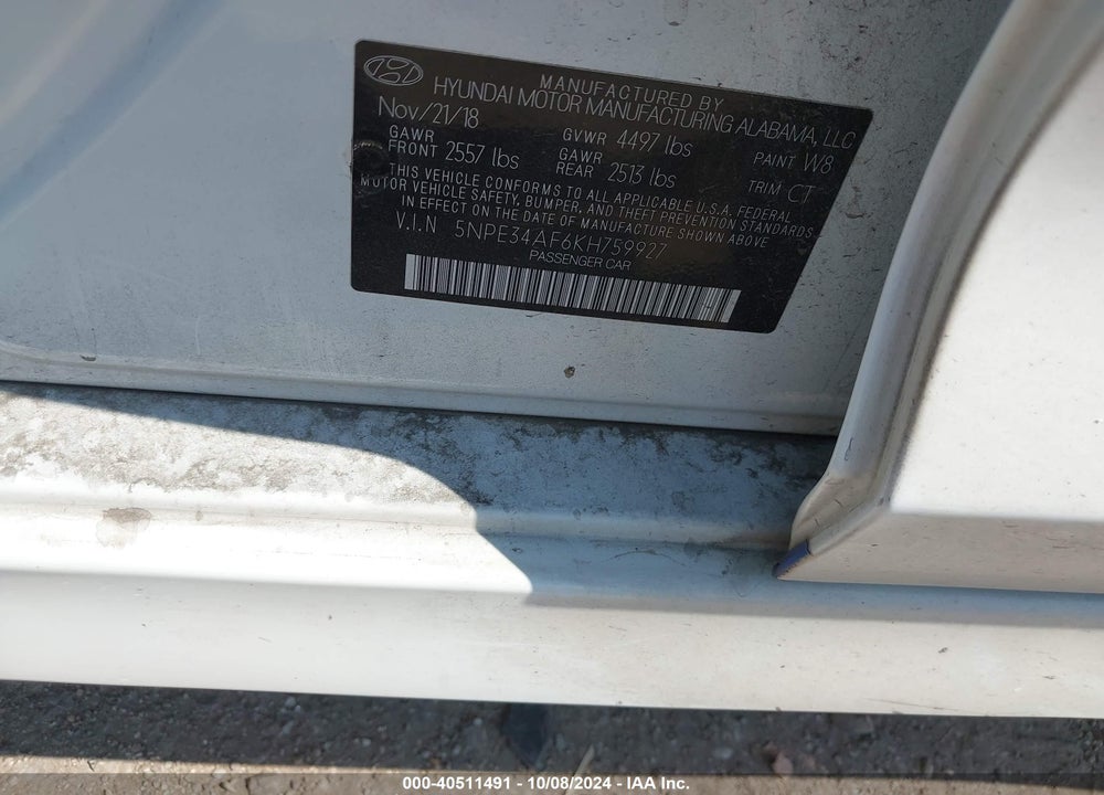 2019 HYUNDAI SONATA SEL VIN: 5NPE34AF6KH759927