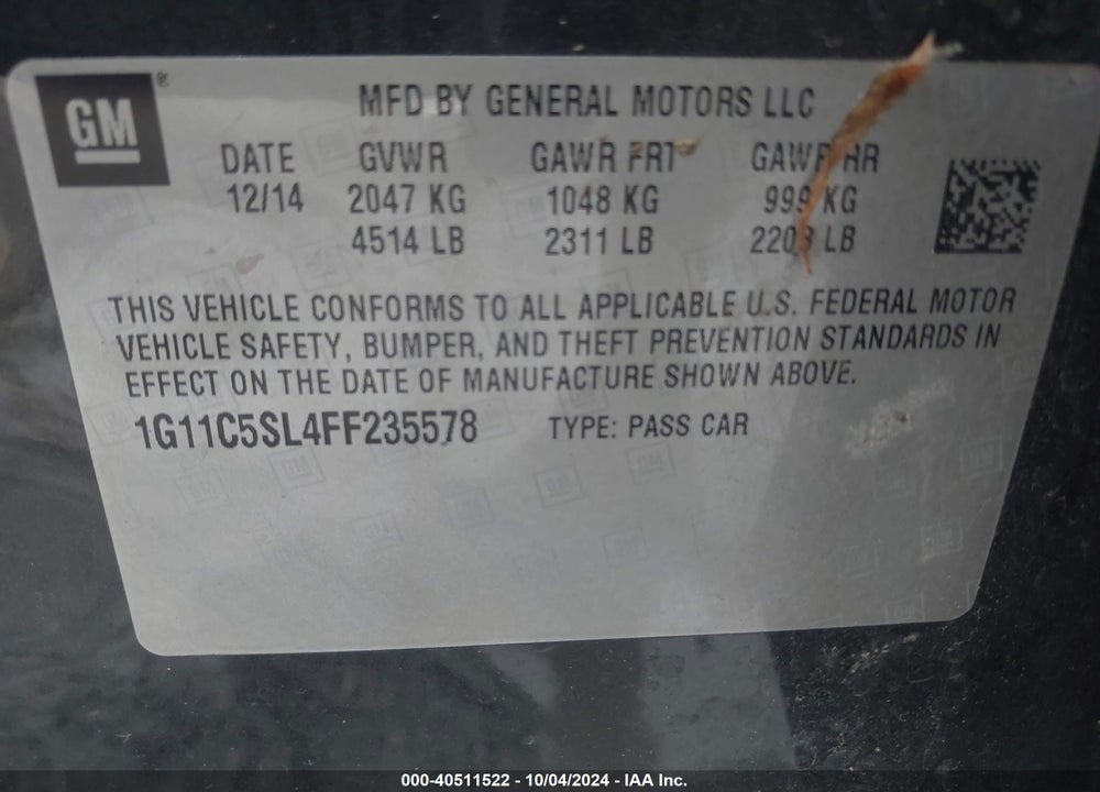 2015 CHEVROLET MALIBU 1LT VIN: 1G11C5SL4FF235578