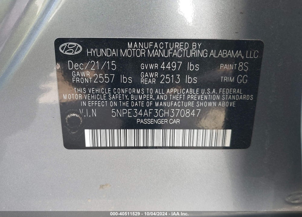 2016 HYUNDAI SONATA SPORT VIN: 5NPE34AF3GH370847