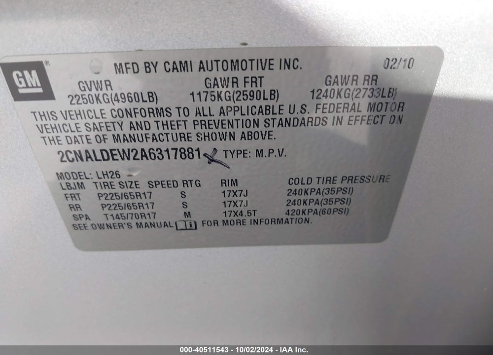 2010 CHEVROLET EQUINOX LT VIN: 2CNALDEW2A6317881