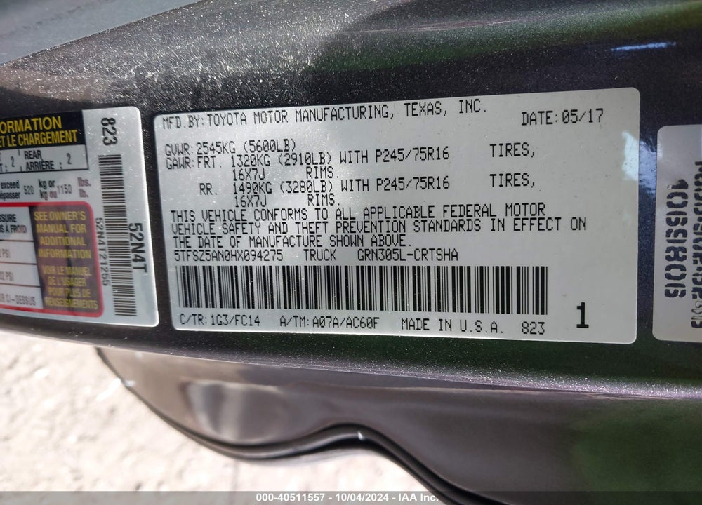 2017 TOYOTA TACOMA SR5 V6 VIN: 5TFSZ5AN0HX094275