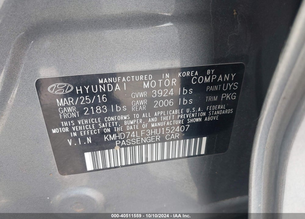 2017 HYUNDAI ELANTRA SE VIN: KMHD74LF3HU152407