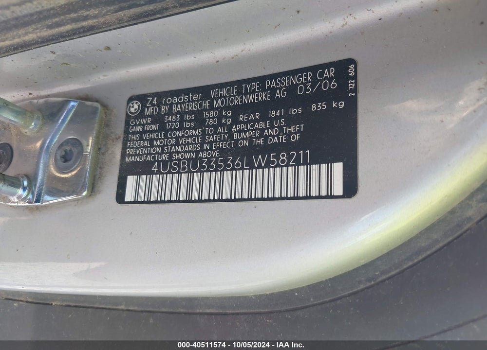 2006 BMW Z4 3.0I VIN: 4USBU33536LW58211