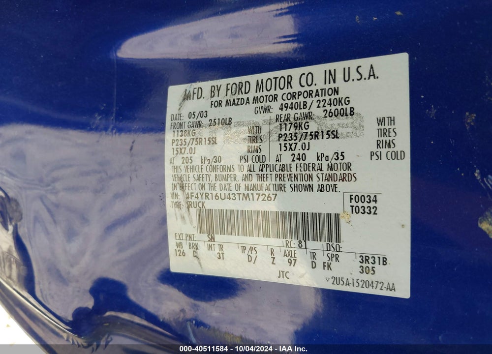 2003 MAZDA B3000 DS VIN: 4F4YR16U43TM17267