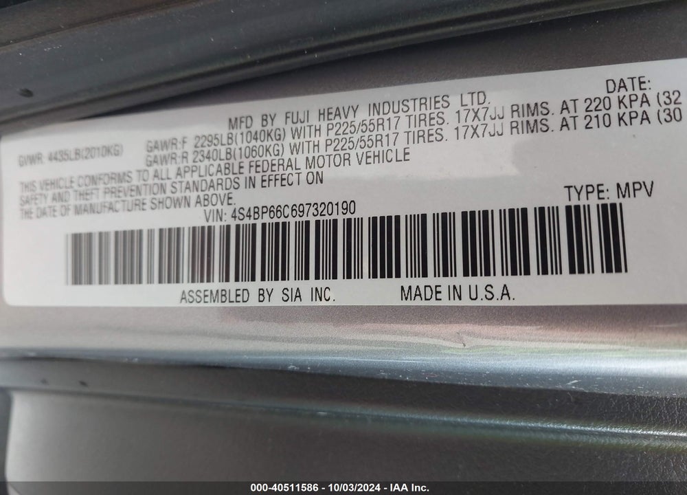 2009 SUBARU OUTBACK 2.5I LIMITED VIN: 4S4BP66C697320190