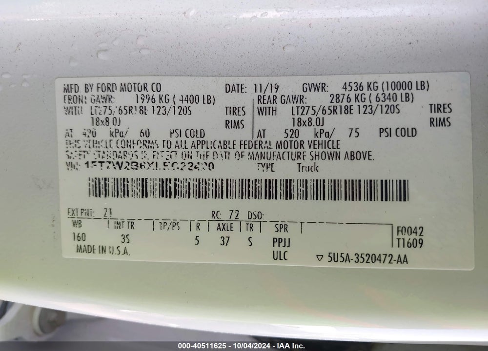 2020 FORD F-250 XLT VIN: 1FT7W2B6XLEC22420