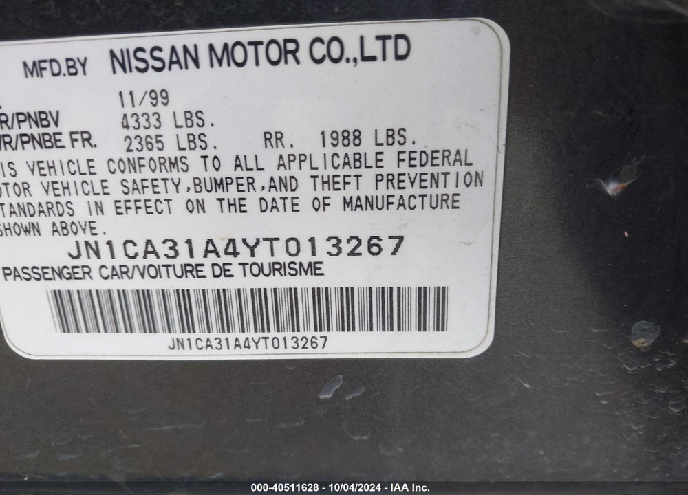 2000 NISSAN MAXIMA GLE/GXE/SE VIN: JN1CA31A4YT013267