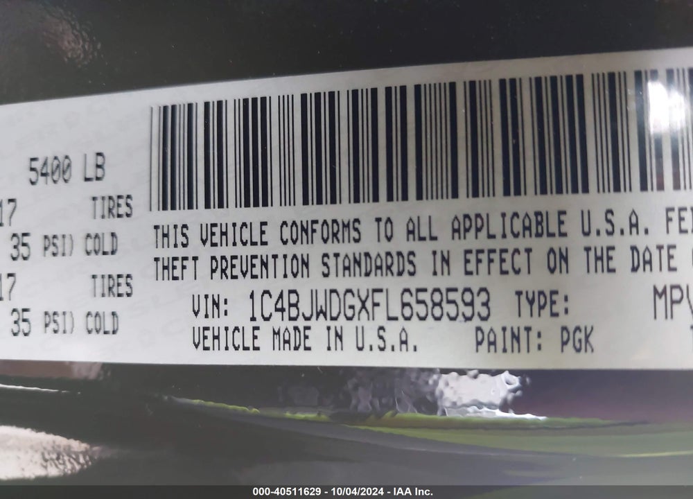 2015 JEEP WRANGLER UNLIMITED SPORT VIN: 1C4BJWDGXFL658593