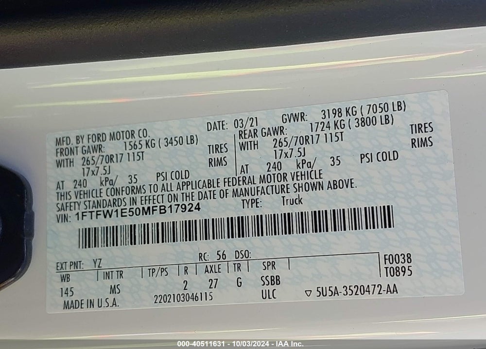 2021 FORD F-150 XLT VIN: 1FTFW1E50MFB17924