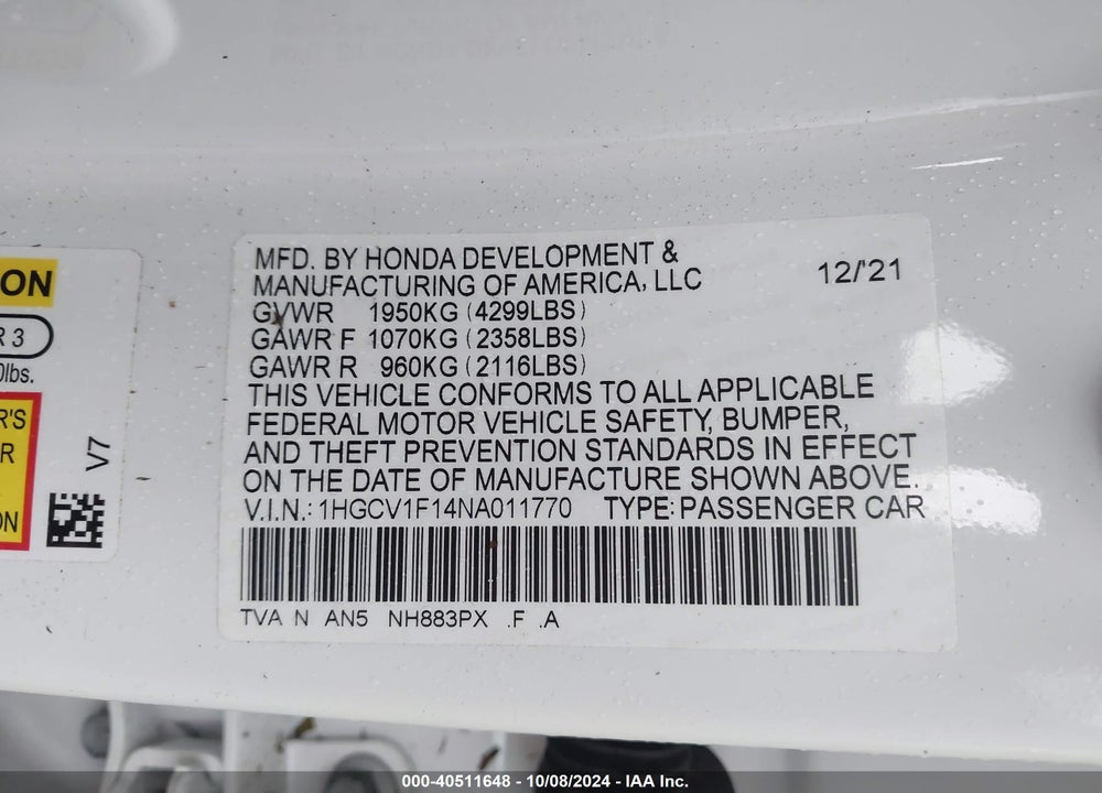 2022 HONDA ACCORD LX VIN: 1HGCV1F14NA011770