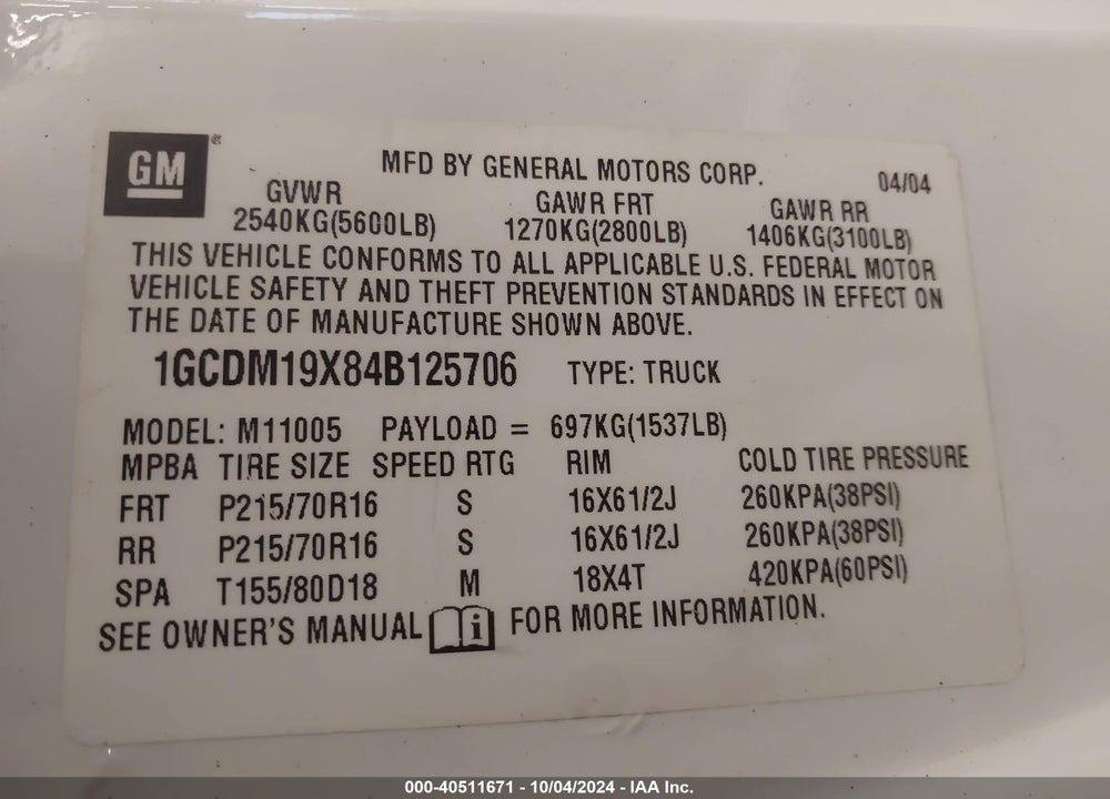 2004 CHEVROLET ASTRO VIN: 1GCDM19X84B125706
