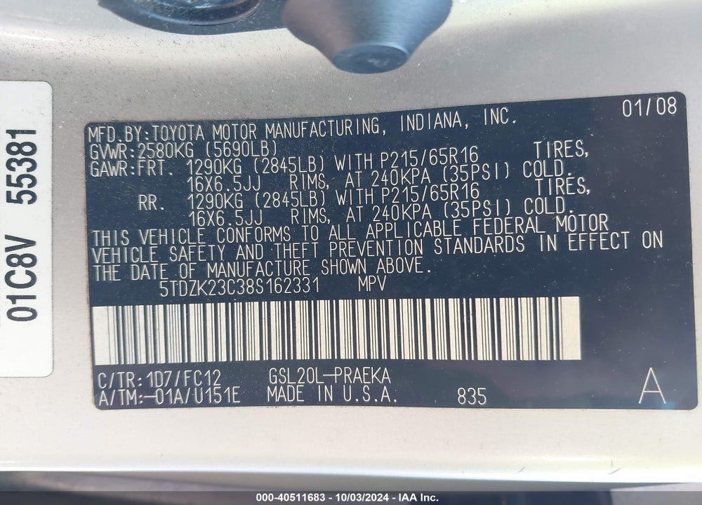 2008 TOYOTA SIENNA VIN: 5TDZK23C38S162331