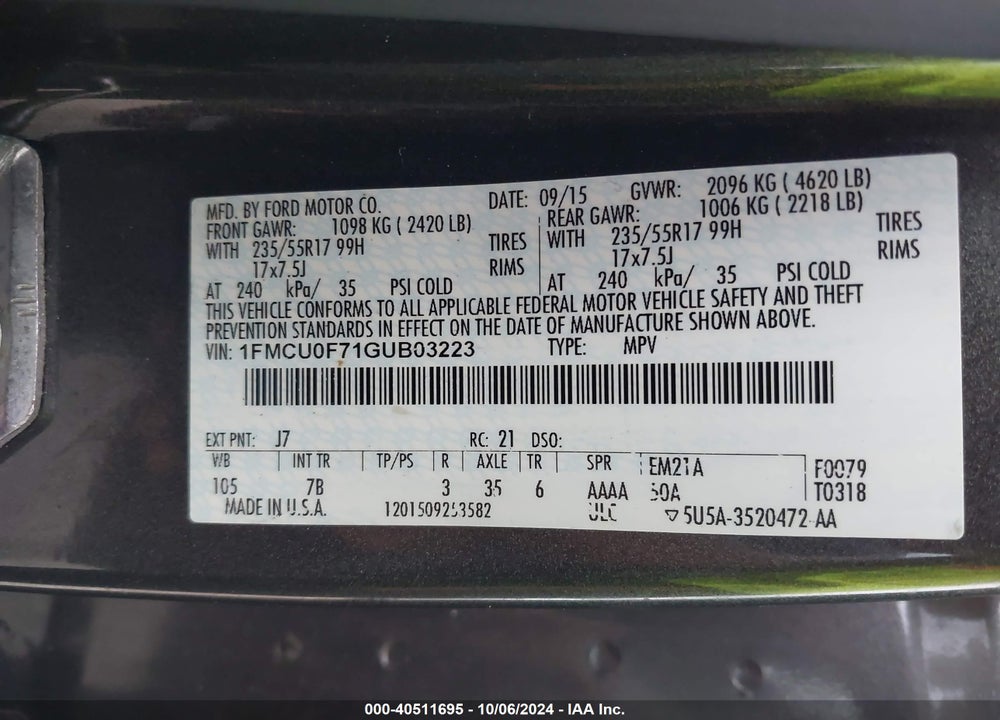2016 FORD ESCAPE S VIN: 1FMCU0F71GUB03223