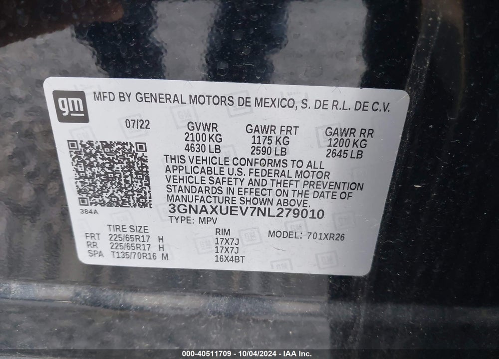2022 CHEVROLET EQUINOX AWD LT VIN: 3GNAXUEV7NL279010