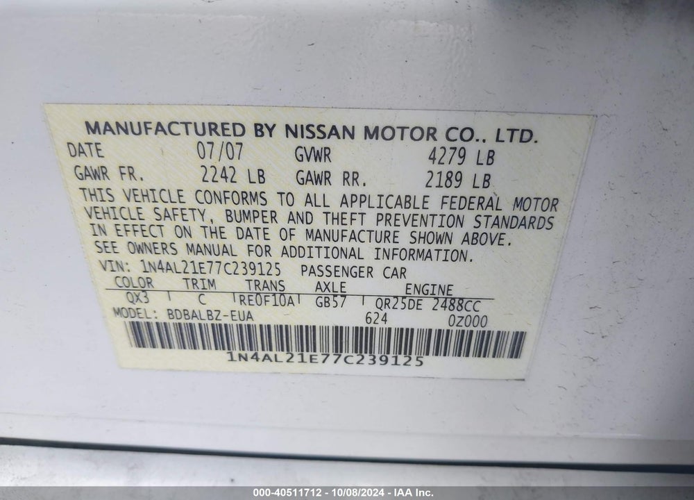 2007 NISSAN ALTIMA 2.5 S VIN: 1N4AL21E77C239125