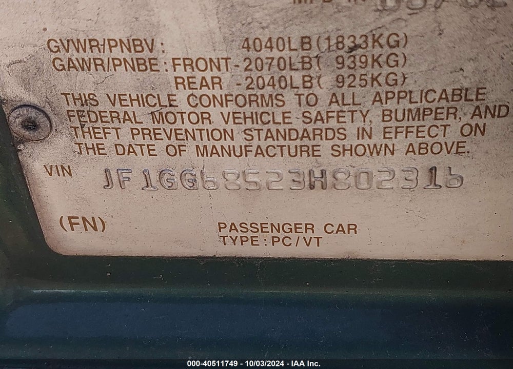 2003 SUBARU IMPREZA OUTBACK SPORT VIN: JF1GG68523H802316