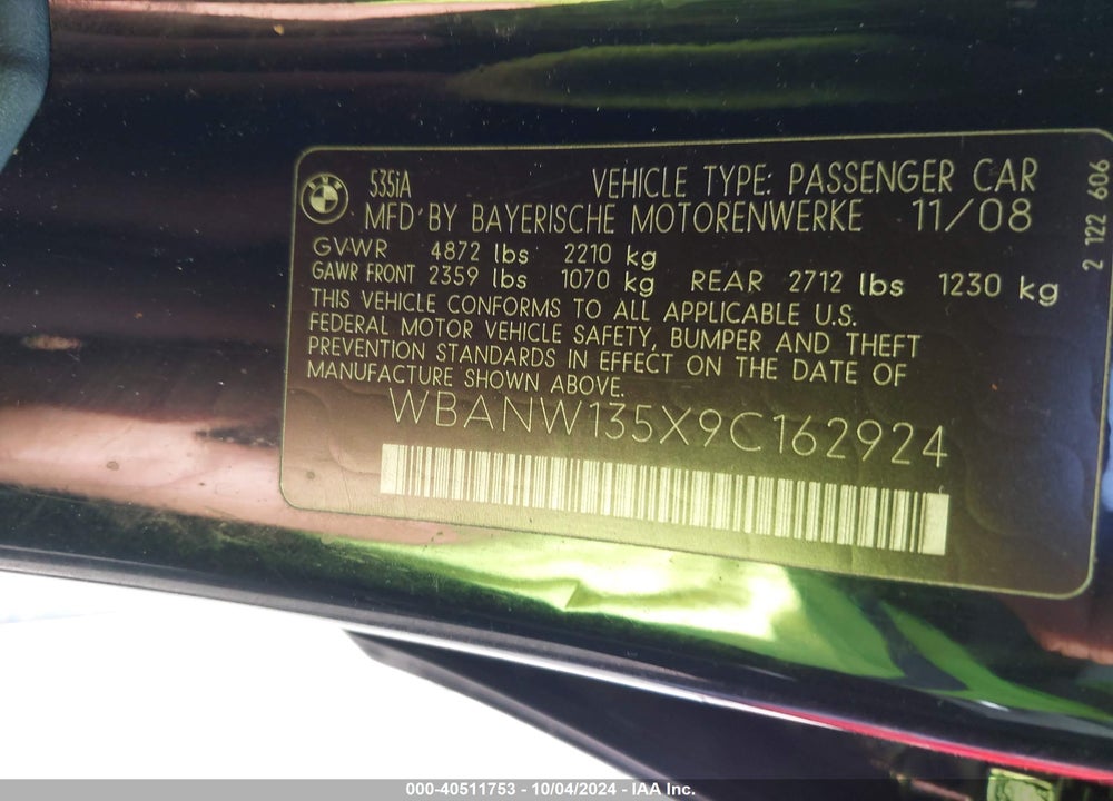 2009 BMW 535I VIN: WBANW135X9C162924