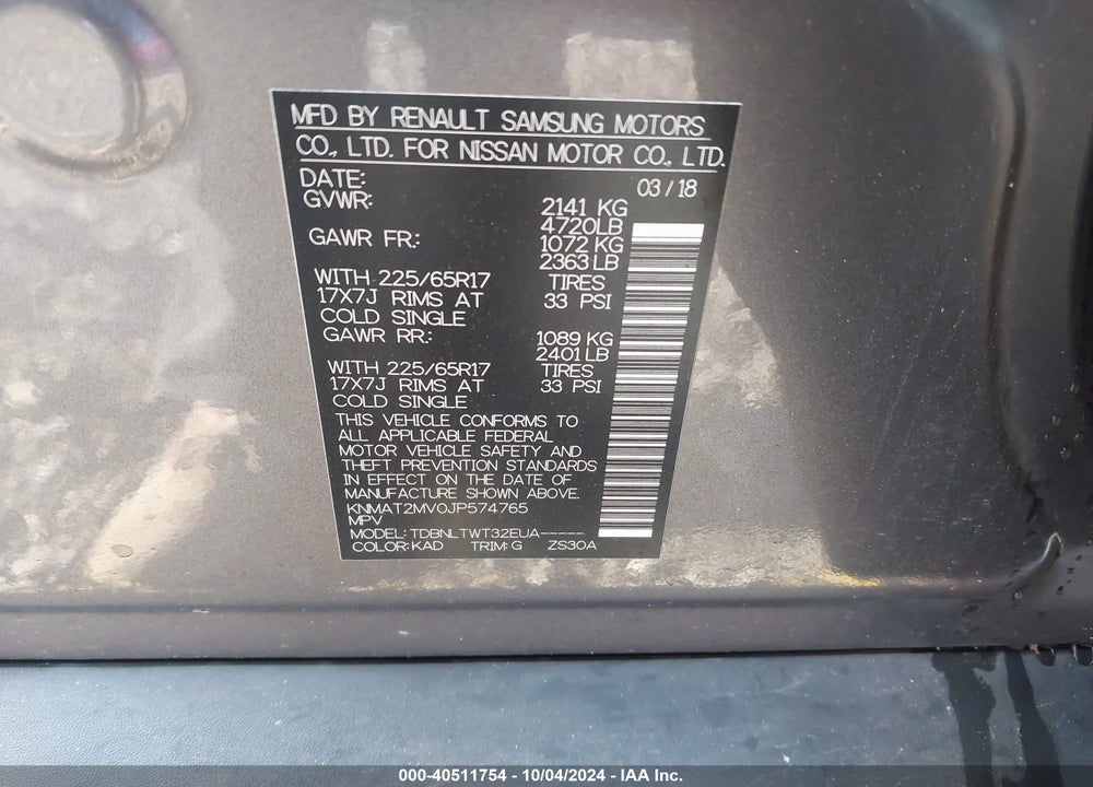 2018 NISSAN ROGUE SV VIN: KNMAT2MV0JP574765