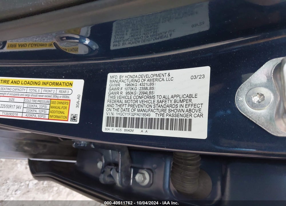 2023 HONDA ACCORD EX VIN: 1HGCY1F32PA018549